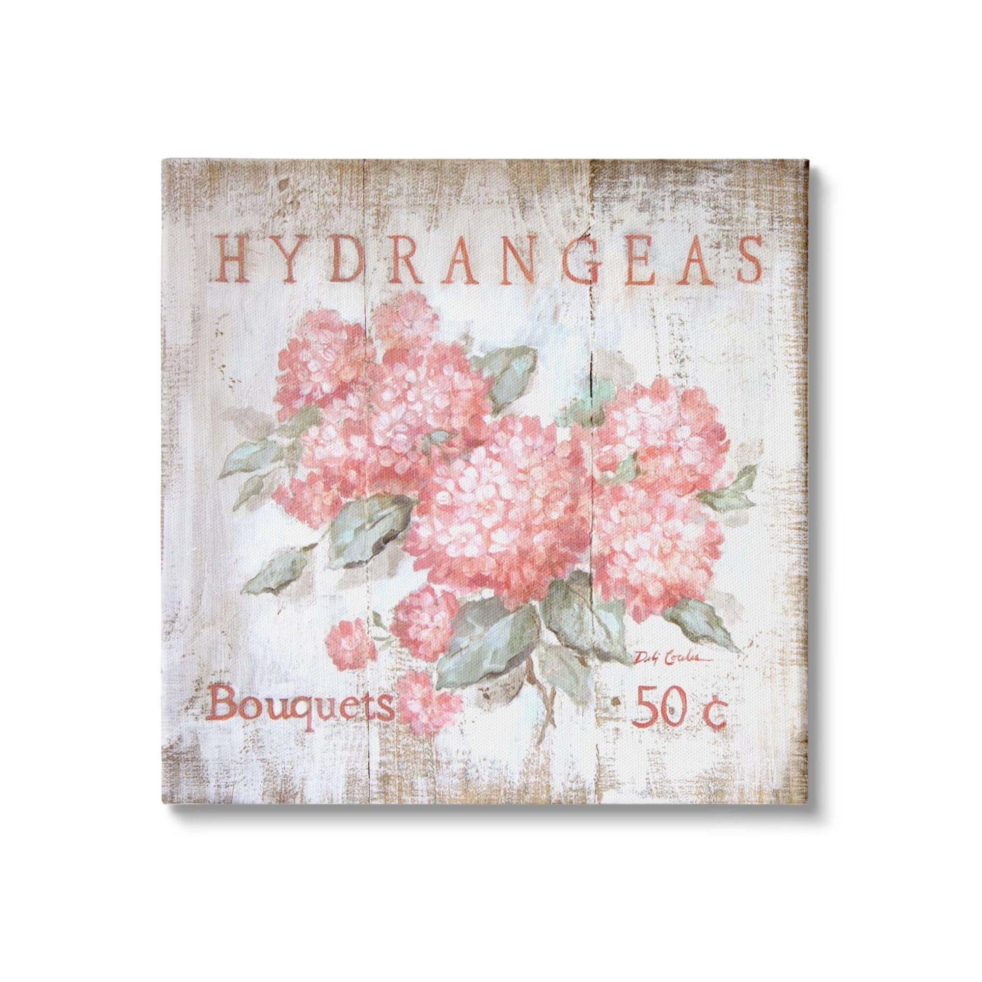 Stupell Industries Pink Hydrangeas Florals Vintage Farmhouse Advertisement Flower Bouquets Canvas Wall Art